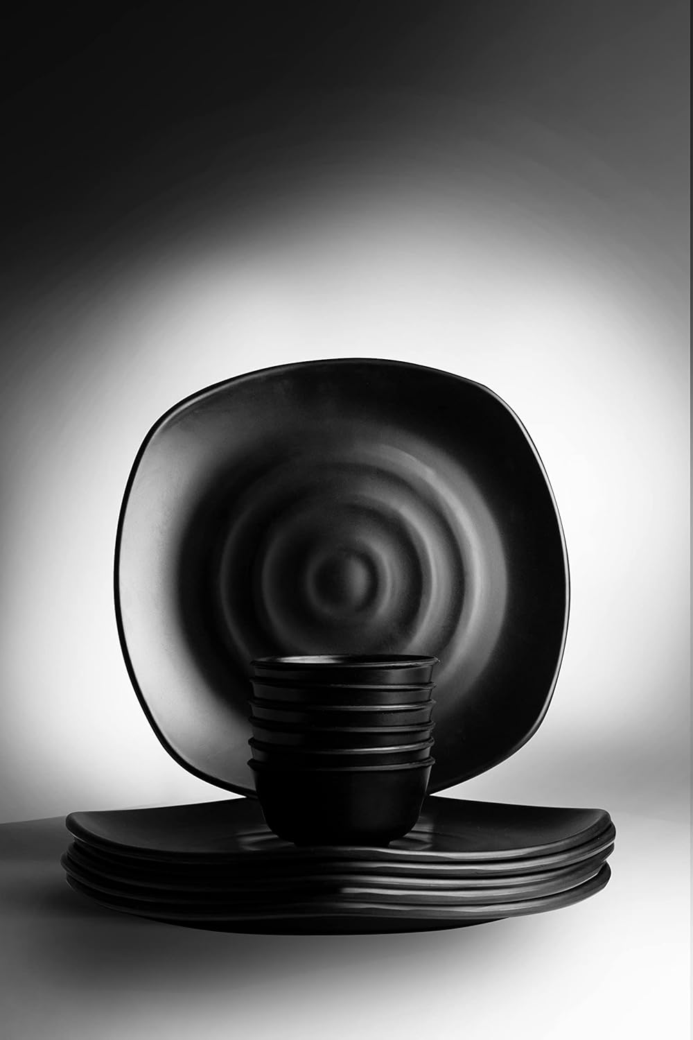 Pack of 12 Square Plate Melamine Dinner Set - Full Plates with Katoris (Matt Black Finish).