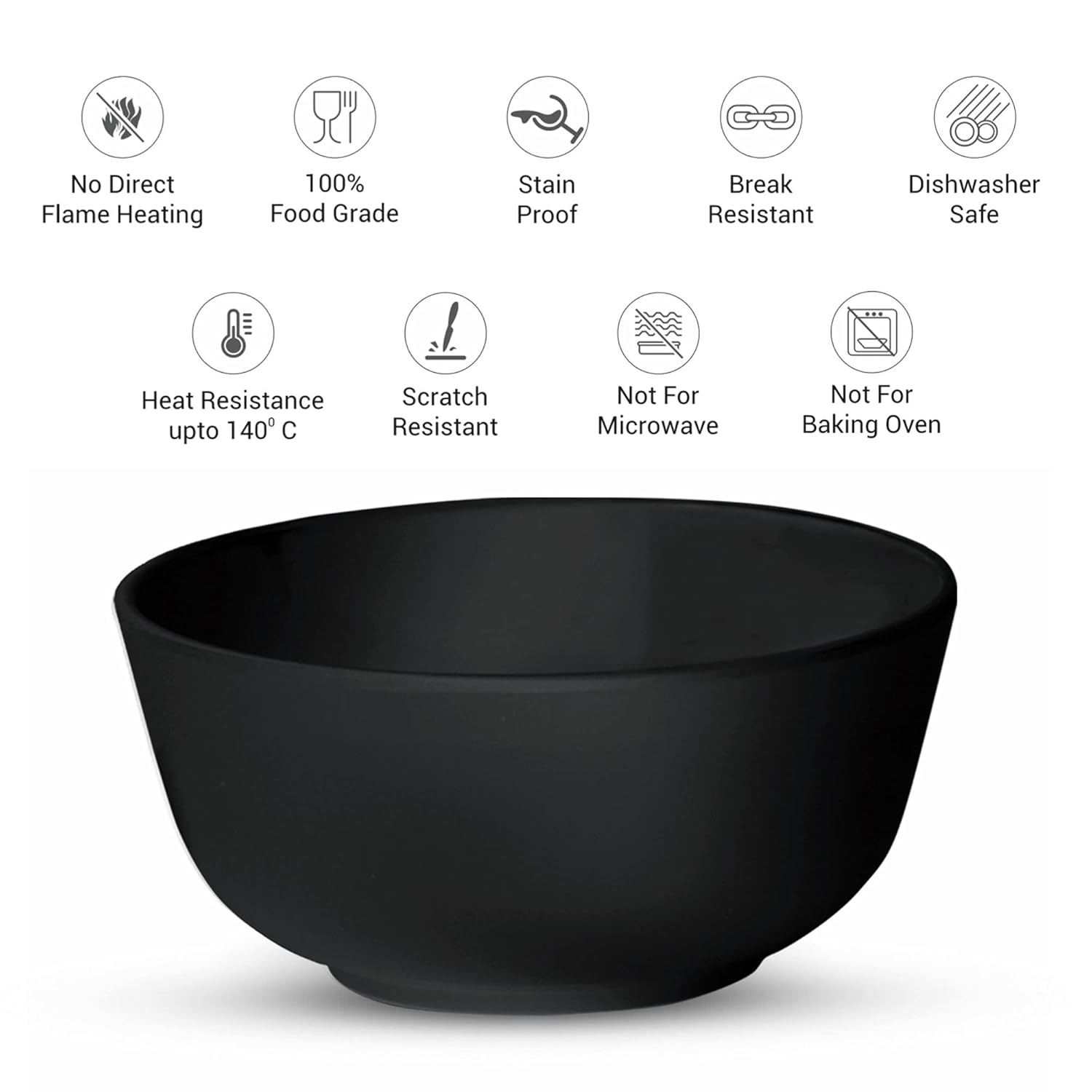 MILTON Lissome Veg Soup Melamine Bowl Set of 6, 340 ml, Black (4.5")