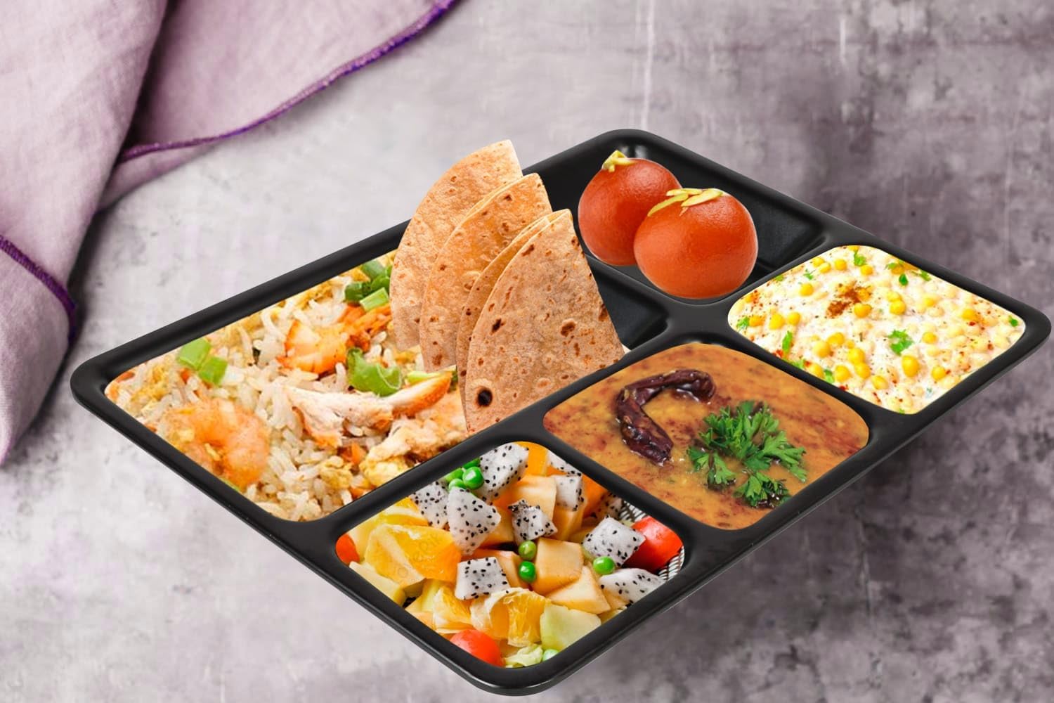 TWINK Lunch Plates, Dinner Plates || Full Length Lunch Thali Multicolor Plate Set of 2 (Black Partition Thali 5)